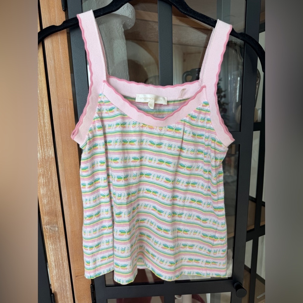 LoveShackFancy Maven tank top knit butterflies striped scalloped pastel